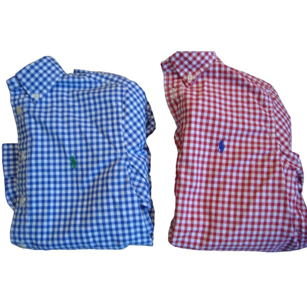 Lot of 2 Ralph Lauren Boys Gingham Print Button Down Shirts Red Blue, M - Picture 4 of 6